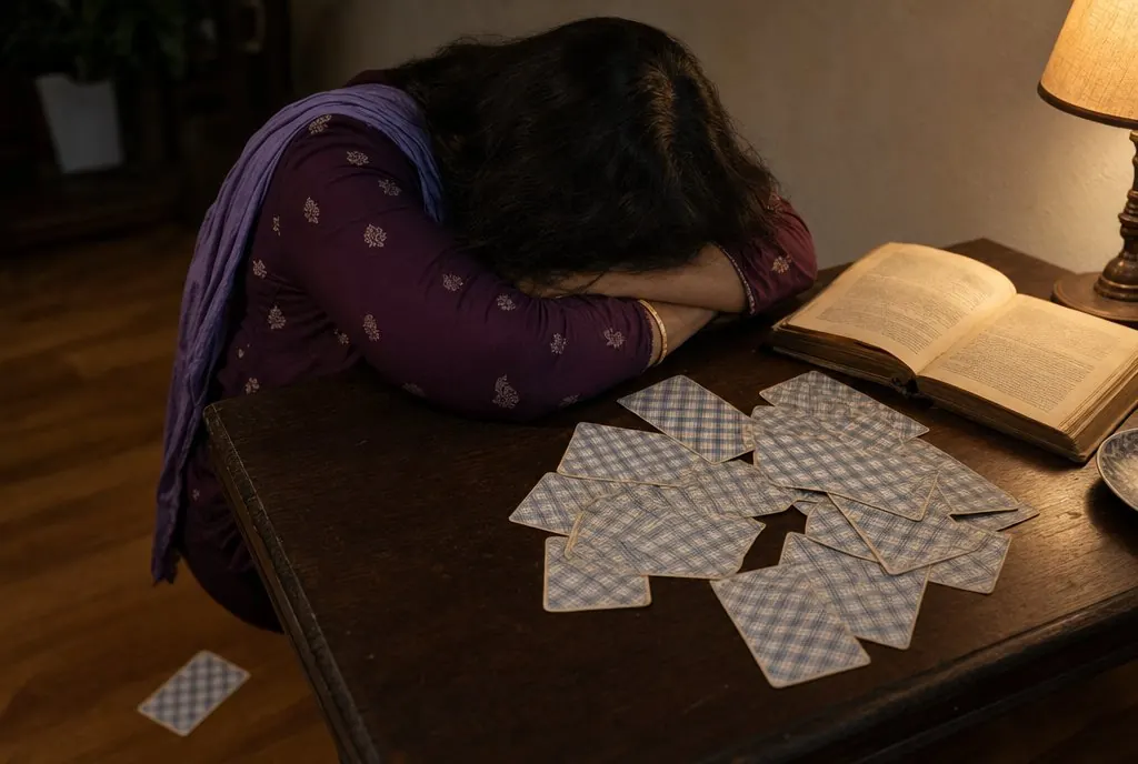 A woman with her head down on her arms, tired of a scattered deck she cannot read
