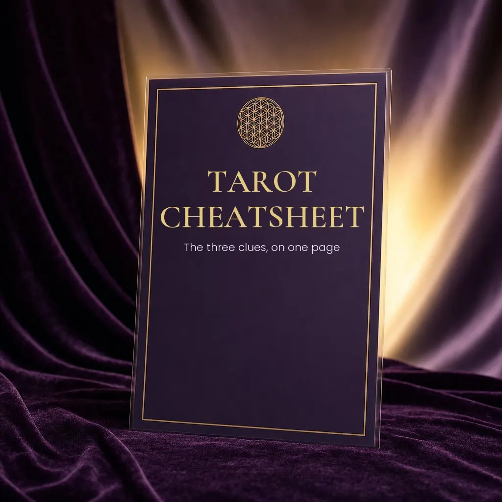 Tarot Cheatsheet, a plum reference sheet with gold border