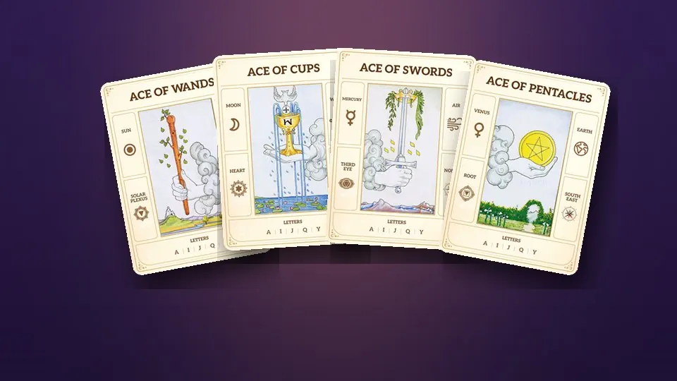 The four Aces of the Cosmic Tarot: Wands, Cups, Swords and Pentacles